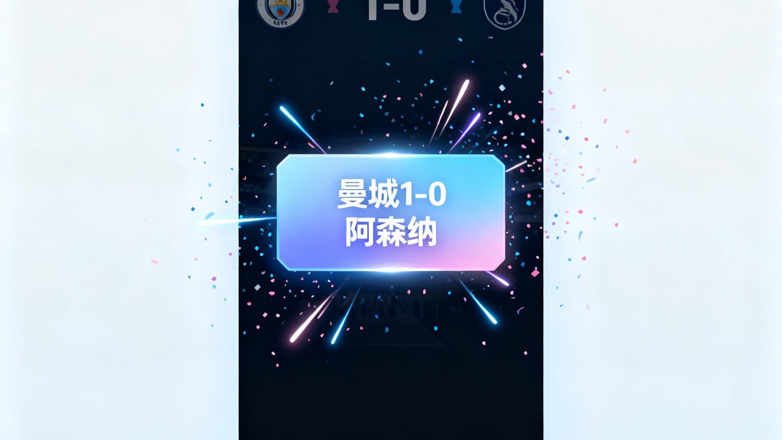 球探足球比分闪电比分界面，进球弹窗显示曼城1-0阿森纳，并有庆祝动效